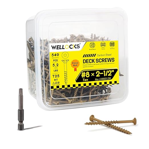 WELLOCKS Deck Screws, Wood Screws, Tan, Superior Rust Resistant, Epoxy Coated, Above 1000 Hour Salt Spray Coating T25 Torx Star Bit Included for Outdoor Wood Fence (5.2LBS Tan, #8횞2-1/2")
