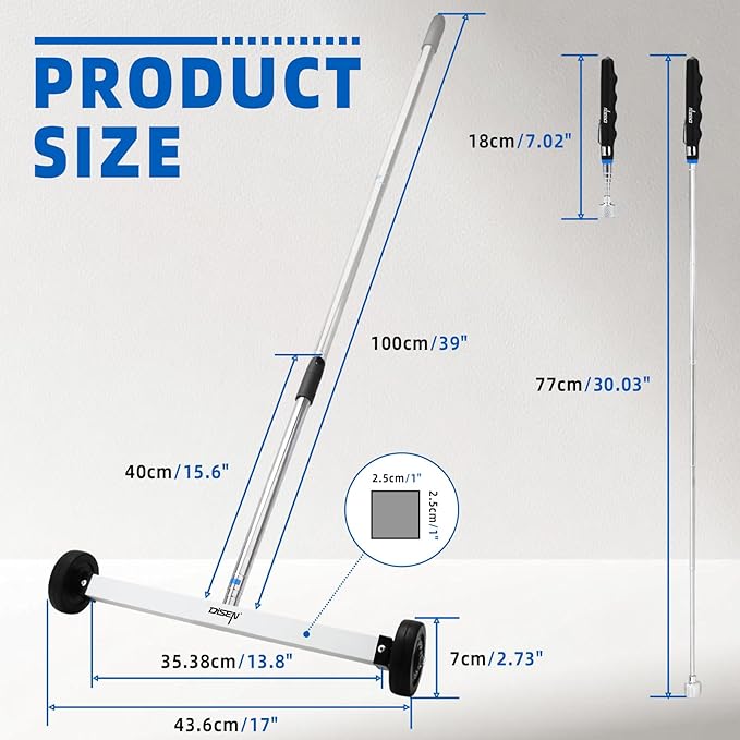 DISEN 17-Inch Magnetic Pick Up Sweeper Lawn Sweeper Roofing Tools Magnet for Nails Adjustable Handle 8.8-Pound Capacity Heavy-Duty Magnet to Pick Up Nails with Telescoping Magnet Pick-up Tool Set