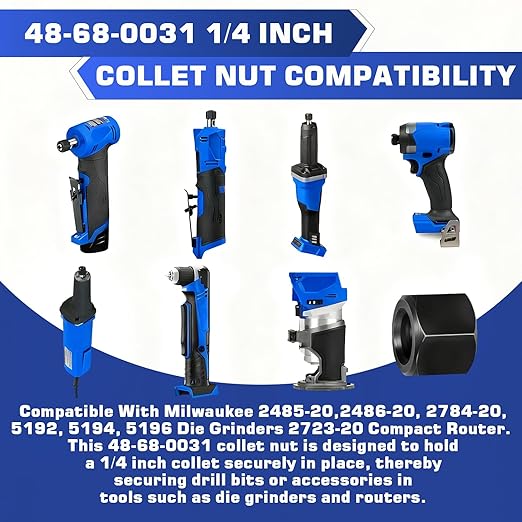 Zookpr 48-68-0031 1/4 Inch Die Grinders Collet Nut Replacement Parts for Milwaukee 2485-20, 2486-20, 2784-20, 5192, 5194, 5196 Die Grinder and 2723-20 Compact Router, 4 Pack