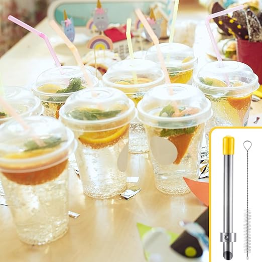 Lasnten 1 Pack Straw Puncher for Plastic Lids Lemonade Cups, Stainless Steel Straw Hole Puncher Punching Tools for Cafe Drinks Deli Container Fresh Squeezed Lemonade Stand Supplies(6.3 Inch,Yellow)