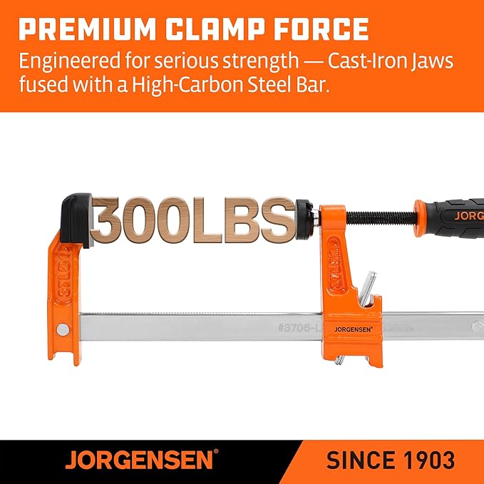 Jorgensen 6" Bar Clamp Set, 2-Pack Steel F Clamp Light Duty, 300 lbs Load Limited, for Woodworking, Metalworking, DIY