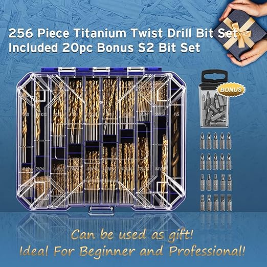 276pc Titanium Twist Drill Bit Set with S2 Bits 135째 Tip High Speed Steel, Size from 1/16" up to 1/2", Ideal in Wood Cast Iron Aluminum Alloy Plastic Fiberglass, Clear Lid Case
