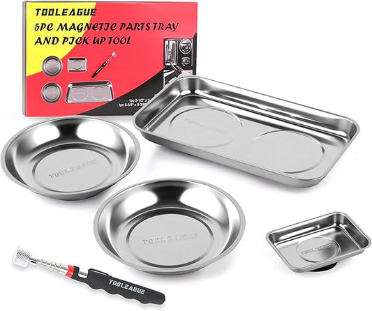 TOOLEAGUE 4Pcs Magnetic Tray Set with 15Lb Magnetic Pickup Pen,Stainless Steel Trays with Extra Strong Magnets for Organizing and Retrieving Metal Parts