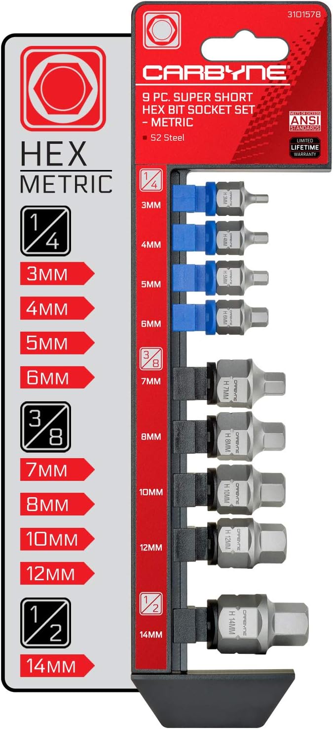 CARBYNE 9-Piece Metric Super Short Low Profile Hex (Allen) Bit Socket Set | 3mm to 14mm, Dual-Drive: Internal Square Drive & External Hex Drive ??From a Family-Run Tool Company in the U.S.