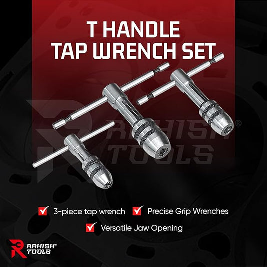 3 Piece T Handle Tap Wrench Set with Jaw Opening 1/16"-5/32", 5/32"-1/4", 1/4"-1/2" - Precise Tightening Wrenches Jaws Grip for Taps, Reamers, Screw Extractors, Drills - Made in India