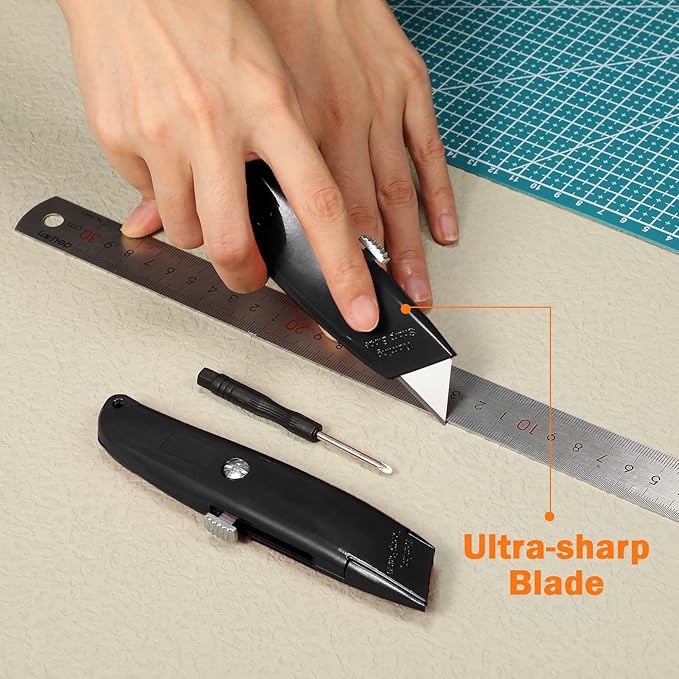 Reginary 20 Pcs Box Cutter Bulk Retractable Utility Knife Heavy Duty Aluminum Alloy Razor Knife for Cardboard Box Carton Opener for DIY, Factory, Home Office(Black)