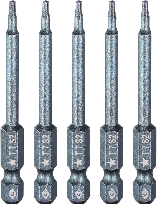 HARFINGTON 5pcs 5-Point Torx Screwdriver Bit 1/4" Hex Shank 7mm Magnetic Head 2.6" Length S2 Steel Pentagon Star Screw Driver Bit for Repair Work Electric Screwdriver, Blue
