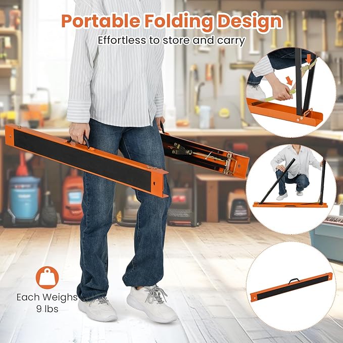 Goplus Saw Horses 2 Pack , Portable Heavy-Duty Galvanized Metal Power Tool Stand w/ Non-slip Top & Hinge Brace, Quick-Folding Saw Horses w/ Carrying Handle for Woodworking