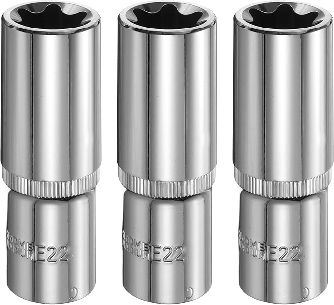 HARFINGTON 3pcs E-Torx Socket 1/2" Drive E22 Star Female Socket 3.1" Length External Torx Deep Sleeve Chrome Plating 6 Point Spline Sleeve for Auto Repairs Home Maintenance