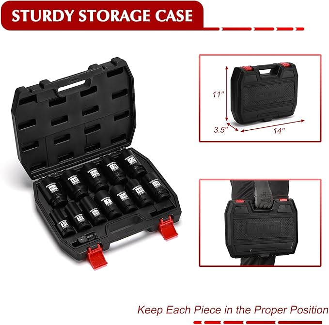 EMENTOL 3/4" Drive Deep Impact Socket Set,13 Pieces Jumbo Sockets, SAE (3/4" to 1-9/16") with 1/2"F to 3/4"M Adapter, 6-Point, CR-MO Steel