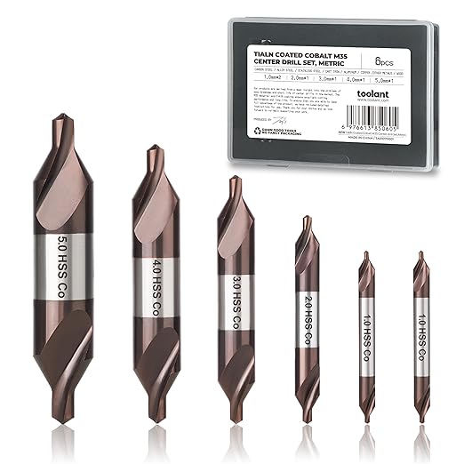 toolant Center Drill Bit Set, TiAlN Coated Cobalt M35 HSS Centering Drill Bit for Stainless Steel, Carbon Steel, Alloy Steel, Cast Iron, Copper, Other Hard Metals, Metric 1-5mm (6pcs)
