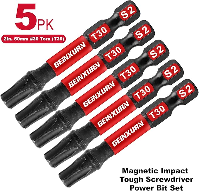 5 Pieces T30 2 In. Impact Tough Magnetic Insert Bit Set, #30 Torx Head Power Bits, S2 Alloy Steel Star T30 Screwdriver Bits Set