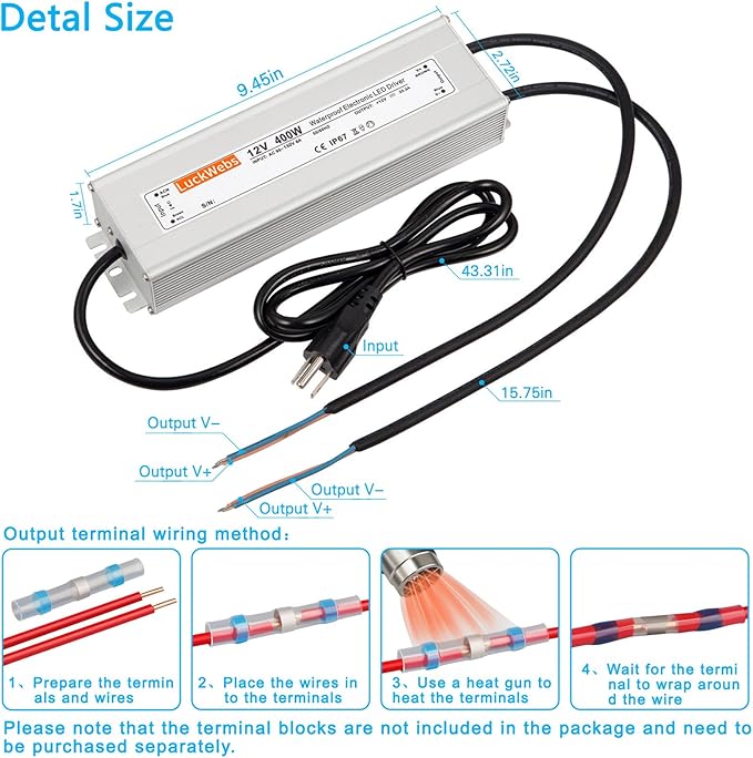 LED Driver 12V400W Waterproof Power Supply AC 90-130V to DC 12V33.3A Low-Voltage Power Transformer Suitable for Indoor Outdoor LED Lighting Fixtures and Any 12V DC LED