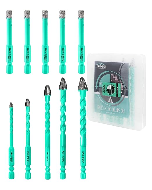 10PCS Nine Blades Serrated Carbide Masonry Drill Bit Set - 5pcs 1/4 Tile Bits & 3/16",1/4",5/16",3/8",1/2" Wood Drill Bits for Wood Plastic Masonry Brick Tile Glass Concrete Marble