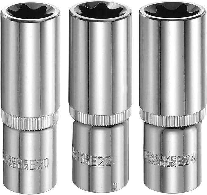 HARFINGTON 3pcs E-Torx Socket 1/2" Drive E20-E24 Star Female Socket 3.1" Length External Torx Deep Sleeve Chrome Plating 6 Point Spline Sleeve for Auto Repairs Home Maintenance