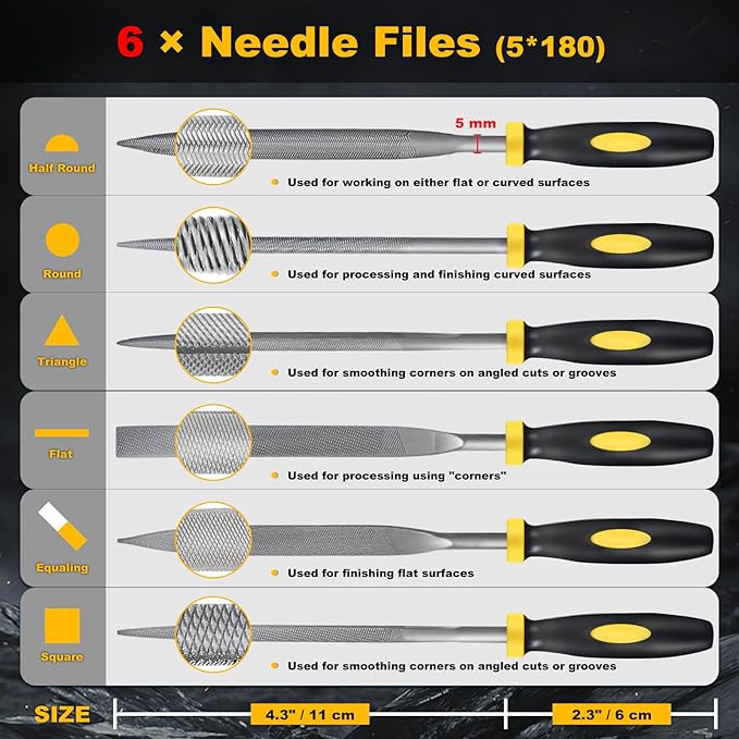 MORROWIND Small 6-Piece Needle File Set, Diameter 0.19" Length 7.09" Hardened Alloy Steel Mini File for Metal Wood Plastic, Includes Flat, Warding, Square, Triangular, Round, Half-Round, Yellow