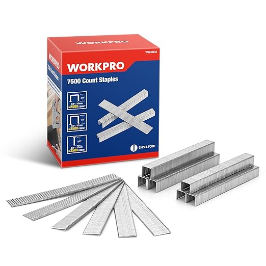 WORKPRO Heavy Duty T50 7500-Count Staples for Staple Gun, 1/2"+3/8" Staples and 5/8" Brad Nails Combo Kit, Galvanized Staple for Upholstery, Woodworking Projects and Home Renovations