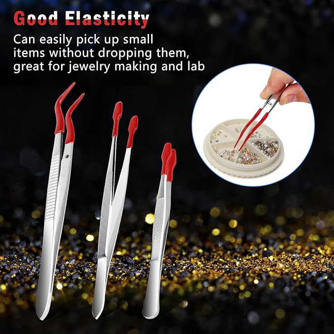 3PCS Tip Tweezers, Silicone Rubber Flat Tipped Tweezers Bent Tip for Jewelry Coin Stamp (Red)