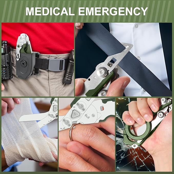 6in1 Multi function Trauma Shears for Nurse EMT(With Holster+Torx Wrench), Stainless Steel Sharp Scissor With Seatbelt/Cord Cutter, Tungsten Window Smasher, Oxygen Tank Wrench And Ring Cutter（Green）