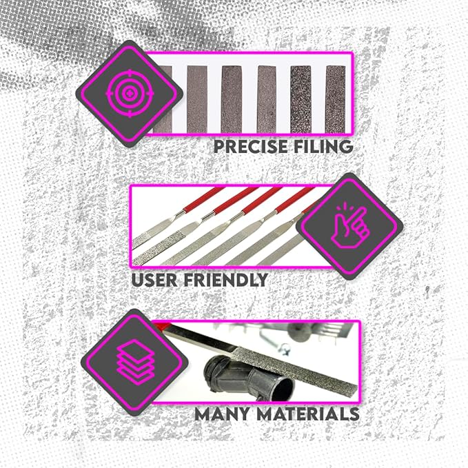 SE 74330DF 6-Piece Flat Diamond Grit File Set - Multi-Grit for Metals, Glass, Stones - 7" Length, 2" Diamond Surface, Round Handles - Includes PVC Pouch