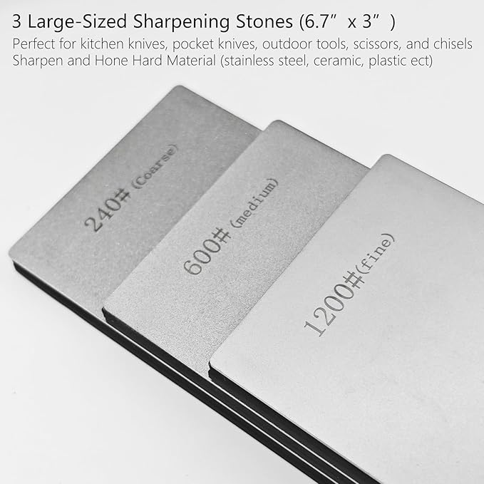 Diamond Sharpening Stone Set, Coarse/Medium/Extra Fine, 240/400 /600/1000 /1200/3000 Grit Knife Sharpener, 2 Sizes Whetstone Tool with Non-Slip Base, Diamond Plate Honing Stone, Hone Sharpener