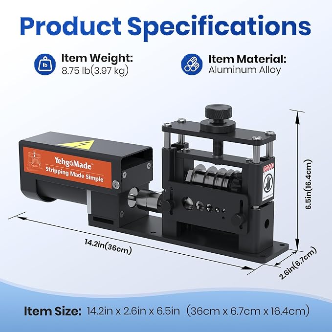 YehgoMade Electric Wire Stripper Machine with Enhanced Motor, High-Efficiency Cable Stripper with 6 Channels and 5 Carbide Blades for Fast Copper Wire Recycling, Compatible with 250 MCM??4 AWG