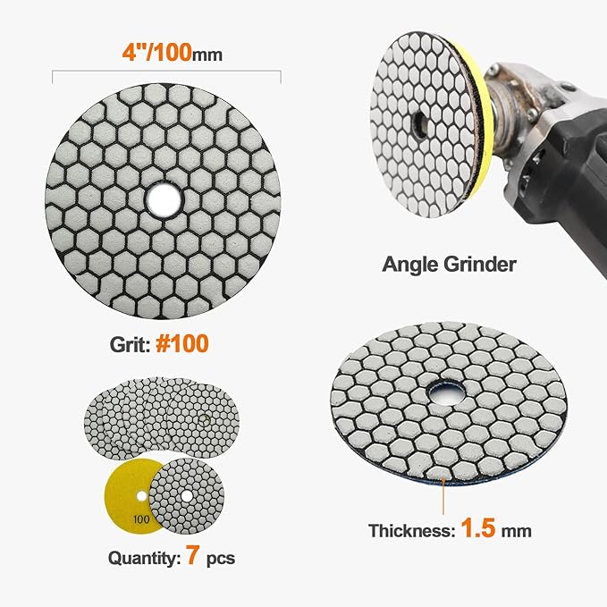 Dry Diamond Polishing Pad Set,7pcs 4 inch #100 for Stone Marble Quartz Granite Sanding Disc Countertop Polish Polisher Pads Kit Tools Used on Grinder or Polisher