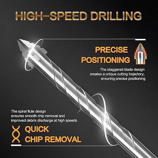 Four-Blade Serrated Eccentric Drill Bits Set - 7PCS Masonry Drill Bits for Wood, Concrete, Glass, Brick, Tile, Marble, and Ceramic