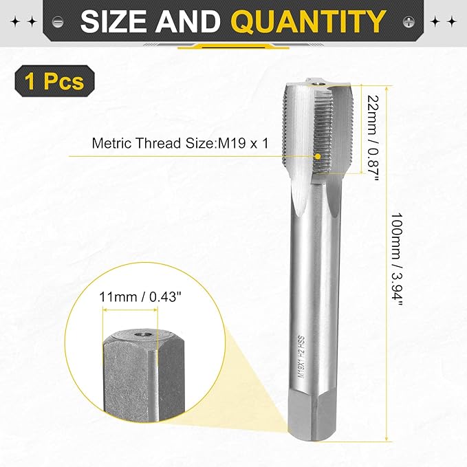 uxcell Hand Plug Tap M19 x 1 H2 Metric Thread Plug Style Taps Straight Flute Screw Tapping Threading Tool High Speed Steel HSS6542