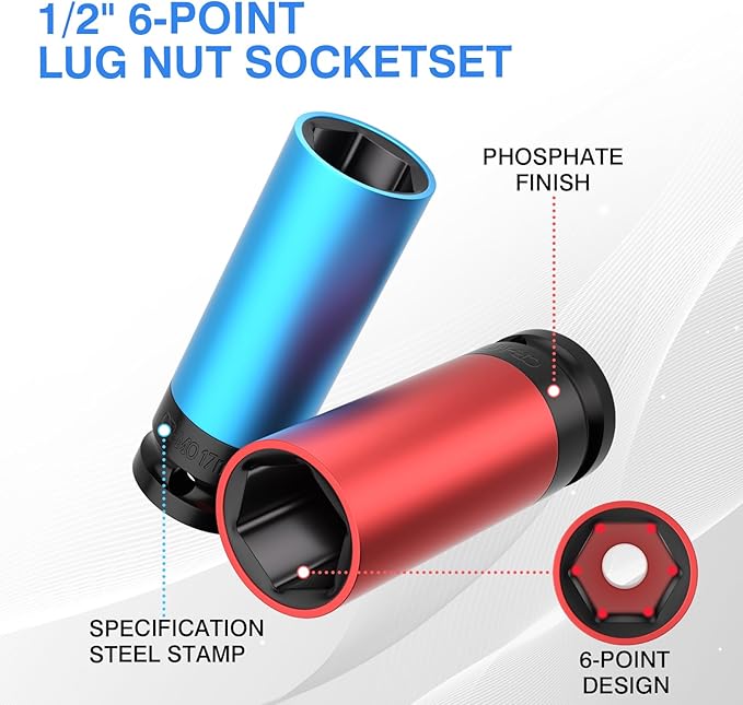 5PCS 1/2" Drive Wheel Protector Impact Socket, Non-Marring Lug Nut Deep Socket Set, CR-MO, 6 Point, Color-Coded Protective Socket | Metric 15 17 19 21 22 mm