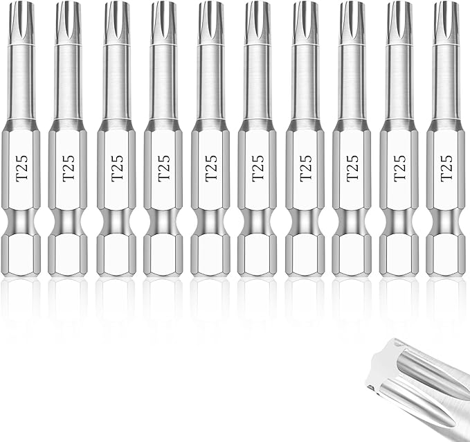 T25 Torx Bits(10-Pack 2 Inch), 1/4 Inch Hex Shank S2 Steel Magnetic star 6 Point Screwdriver bit set