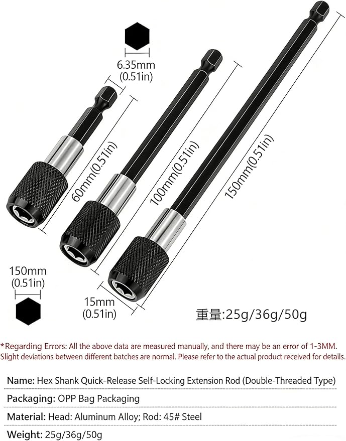 3 PCS 1/4 Inch Hex Shank Quick Release Magnetic Screwdriver Bit Holder Extension Rod Batch Head Tool 60/100/150mm Connecting Rod
