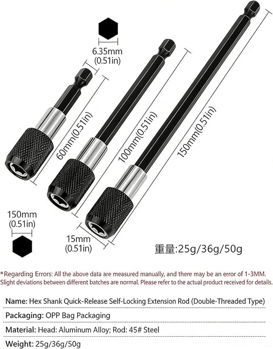 3 PCS 1/4 Inch Hex Shank Quick Release Magnetic Screwdriver Bit Holder Extension Rod Batch Head Tool 60/100/150mm Connecting Rod