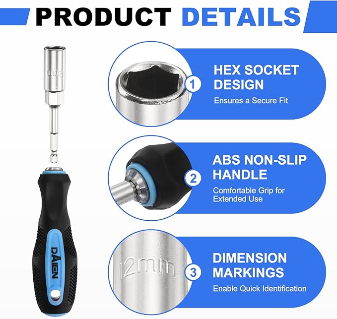 HARFINGTON Metric Nut Driver 8mm/10mm/12mm CR-V Non-Magnetic Detachable Tip Hollow Shafts Hex Socket Screwdriver with Anti-Slip Handle for Automobile Repair Bit Driver, Blue/Black