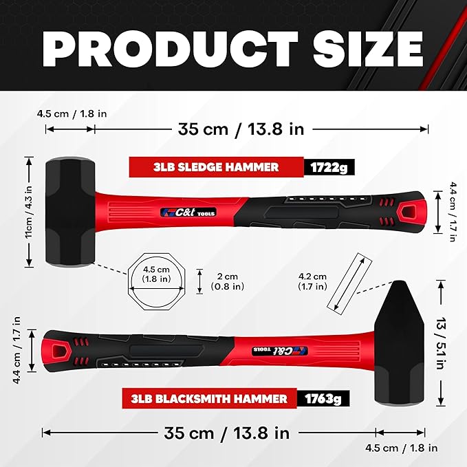 C&T 2 Piece Hammer Set, 3lb Sledge Hammer-Drilling Hammer & blacksmith hammer,mini sledge, cross peen hammer, Fiberglass & Soft No-Slip Handle,Perfect for Demolition, Construction and Blacksmithing