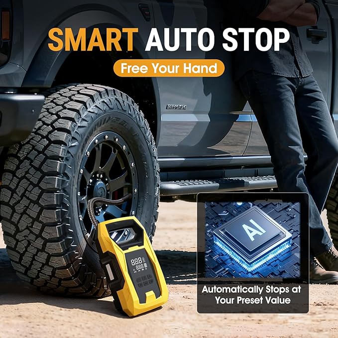 CARSUN Cordless Tire Inflator Portable Air Compressor, 150 PSI Air Compressor for Car Tires, Portable Tire Inflator with Digital Dual Values Display, Tire Pump for Car, Bike, Motorcycle, Ball