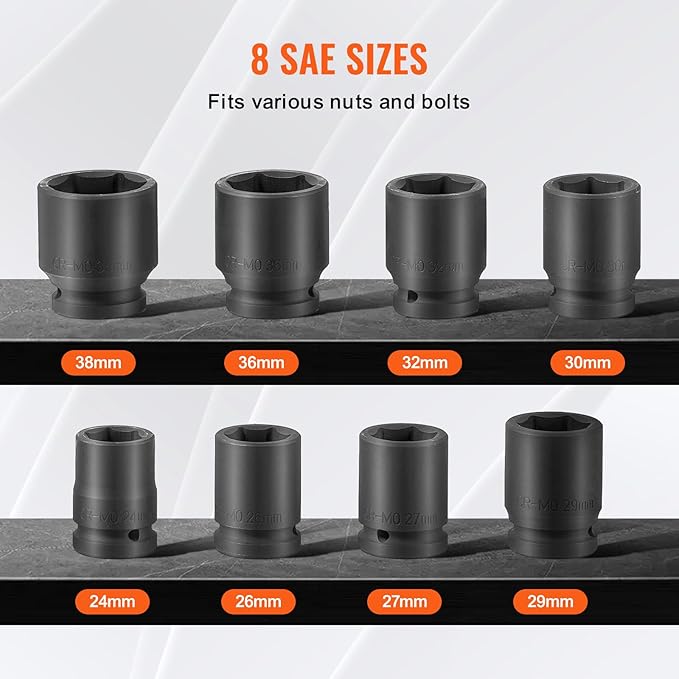 VEVOR Axle Nut Impact Socket Set, 3/4" Drive 6-Point 8-Piece Metric Spindle Nut Socket Set, CR-MO Heat Treated Large Socket Set with Storage Case, for Auto Repair, Removing or Installing Axle Nuts