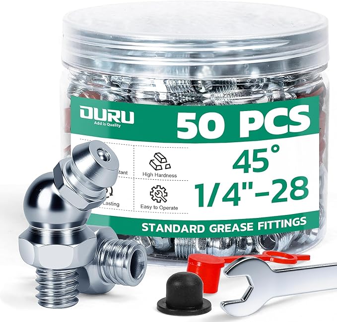50PCS 1/4"-28 Grease Fittings Kit, SAE Zerk Grease Fittings 45 Degree with Grease Fitting Caps & Wrench Kit(9mm) for Grease Gun