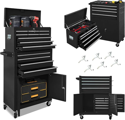 Tool Chest 13-Drawer with Double Door and wheels, Large Detachable Toolbox with Sliding Drawers, Mechanic Tool Box Storage Cabinets, Metal Tool Cart for Garage Workshop (BLACK)