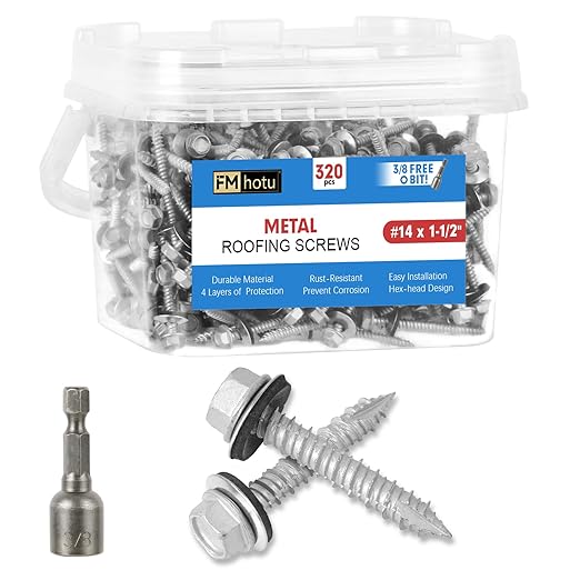 Metal Roofing Screws #14×1-1/2Inch, 320-PCS, Hex Head Rustpert Coating Sheet Metal to Wood Siding Screw with EPDM Rubber Washer, Sharp Point, Hex Socket Included