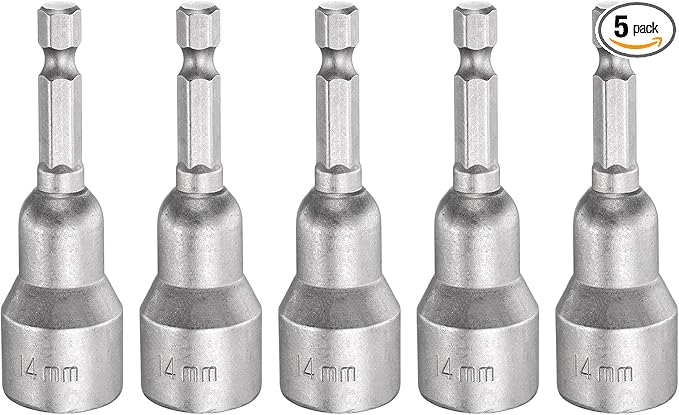 HARFINGTON 5pcs Nut Driver Drill Bit 14mm Metric Socket 1/4" Hex Shank 2.56" (65mm) Long Magnetic 6-Point Sockets Quick Change CR-V Steel Bolt Setters for Power Drill Drivers
