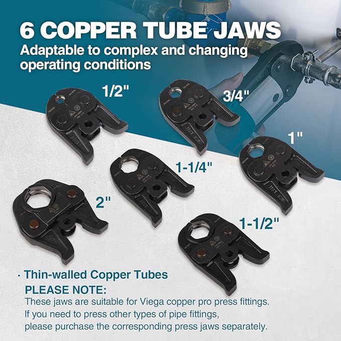 ZUPPER Standard Pro Press Tool kit with 6 Copper Pro Press Jaws 1/2" to 2", 2pcs 4AH Battery, Fast Charger & Carrying Case