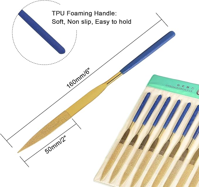 10 PCS Diamond Needle File(4mm x 160mm,150 Grit) Titanium Coated Mini Metal Files Flat Point Files for Precision Metal File Work Miniature DIY Jewelers/Glass/Ceramic