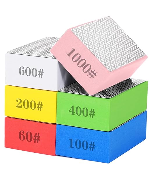 6 Pack Diamond Hand Polishing Pads, Sanding Blocks Polishing, Sanding Pads Assortment, Sandpaper with High-Density Sponge, for Wood Tile Glass Stone Grinding (60#,100#,200#,400#,600#,1000#)