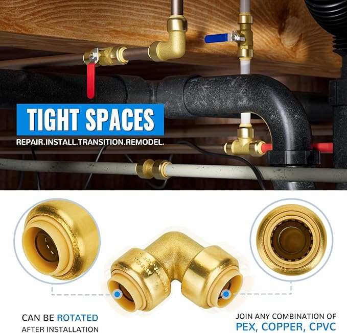 SUNGATOR 1/2 Inch 90 Degree Elbow, Push Pex Elbow 1/2 Inch, No Lead Brass Push-to-Connect 90 Degree Plumbing Fittings for Pex Pipe, Copper, CPVC, with 1 Disconnect Clip, Pack of 6