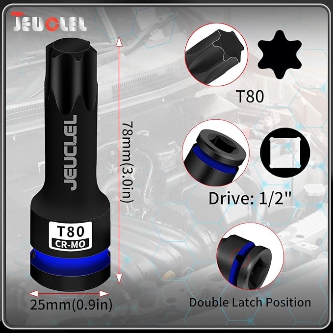 T80 Torx Bit Socket, 1/2" Drive Torx Star 6 Point Impact Bit Socket, 3-Inch, Cr-Mo Steel, Screwdriver Adapter for Electric Ratchet Wrenches Fastening Screws Hand Repair