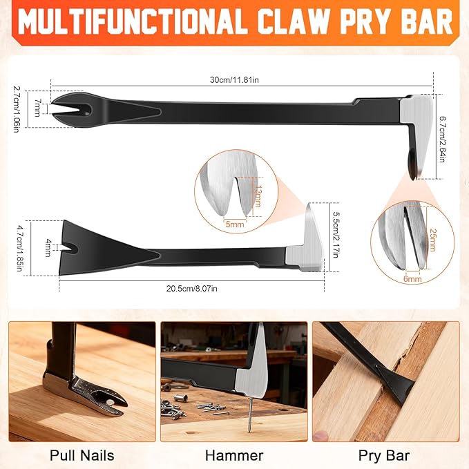Pry Bar Set, 5 Pcs Utility Prybars Set with 12"竊?" Nail Puller, 7"竊?" Flat Pry Bar, 8" End Cutting Pliers, Carbon Steel Nail Puller Tool, Heavy Duty Crowbar Tool for Prying, Lifting, Pulling, Scraping