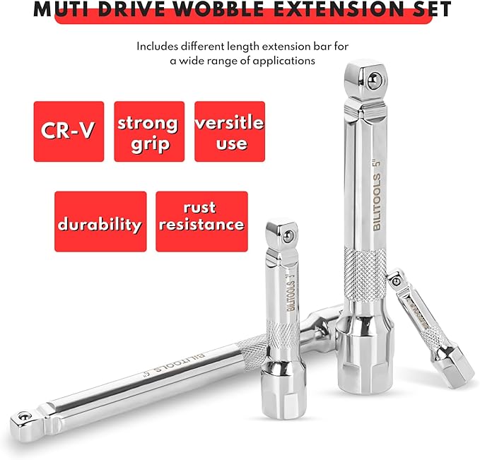 BILITOOLS 9-Piece Hex Wobble Extension Set, 2 in 1, 1/4 in, 3/8 in, 1/2 in, Chrome Vanadium Steel