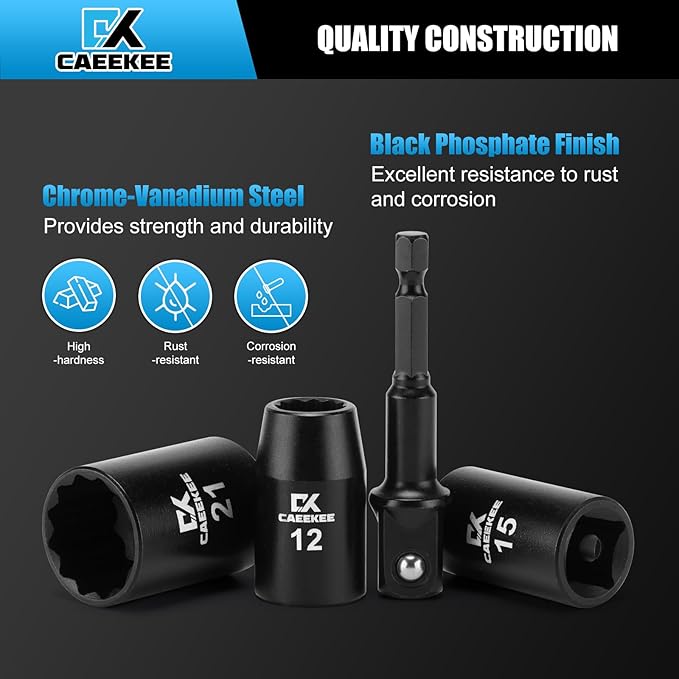 15PCS 1/2" Drive Shallow 12-Point Impact Socket Set, Metric(11mm - 32mm), Cr-V Steel, Includes Drill Socket Adapter