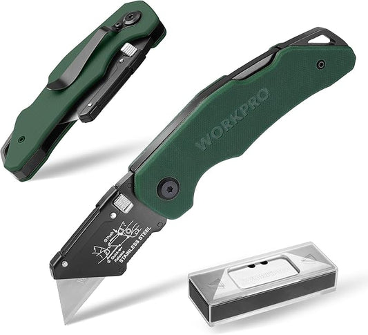 WORKPRO Folding Utility Knife G10 Handle with Stainless Steel Head, Quick-change Blade & Back Lock, Heavy Duty Box Cutter, 1PC Razor Knife with Extra 10PC SK5 Blades